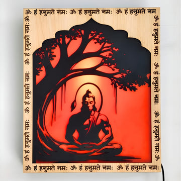 Hanuman Ji LED Wall Decor Frame with Warm Backlight | Spiritual Wooden Night Lamp for Home Temple, Living Room & Office | Om Hanumate Namah Wall Art (10x12 Inch)