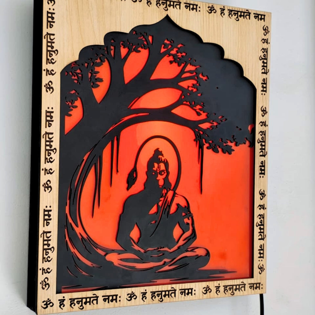 Hanuman Ji LED Wall Decor Frame with Warm Backlight | Spiritual Wooden Night Lamp for Home Temple, Living Room & Office | Om Hanumate Namah Wall Art (10x12 Inch)