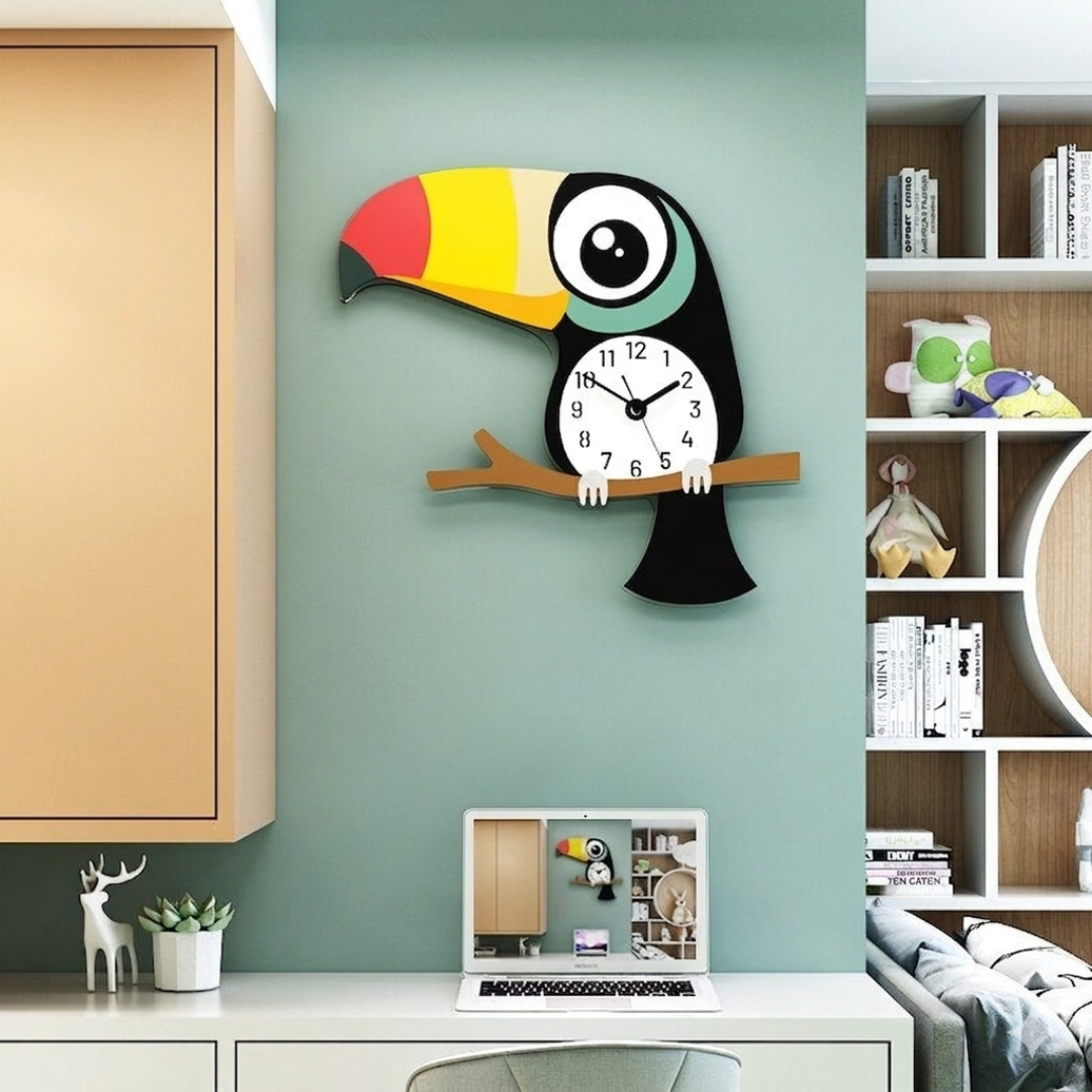 Premium Toucan Bird Silent Wall Clock for Kids Room – Large 20 Inch Non-Ticking Swing Wall Clock, Cartoon Animal Designer Wall Decor for Nursery, Playroom & Gift