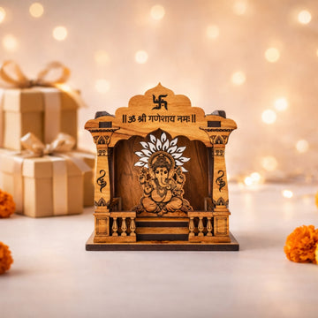 Mini Wooden Ganesh Mandir for Car Dashboard & Home Decor | Handmade Pooja Temple with Ganpati Idol | Small Wooden Mandir for Car, Office Desk & Home (3.5 inch)