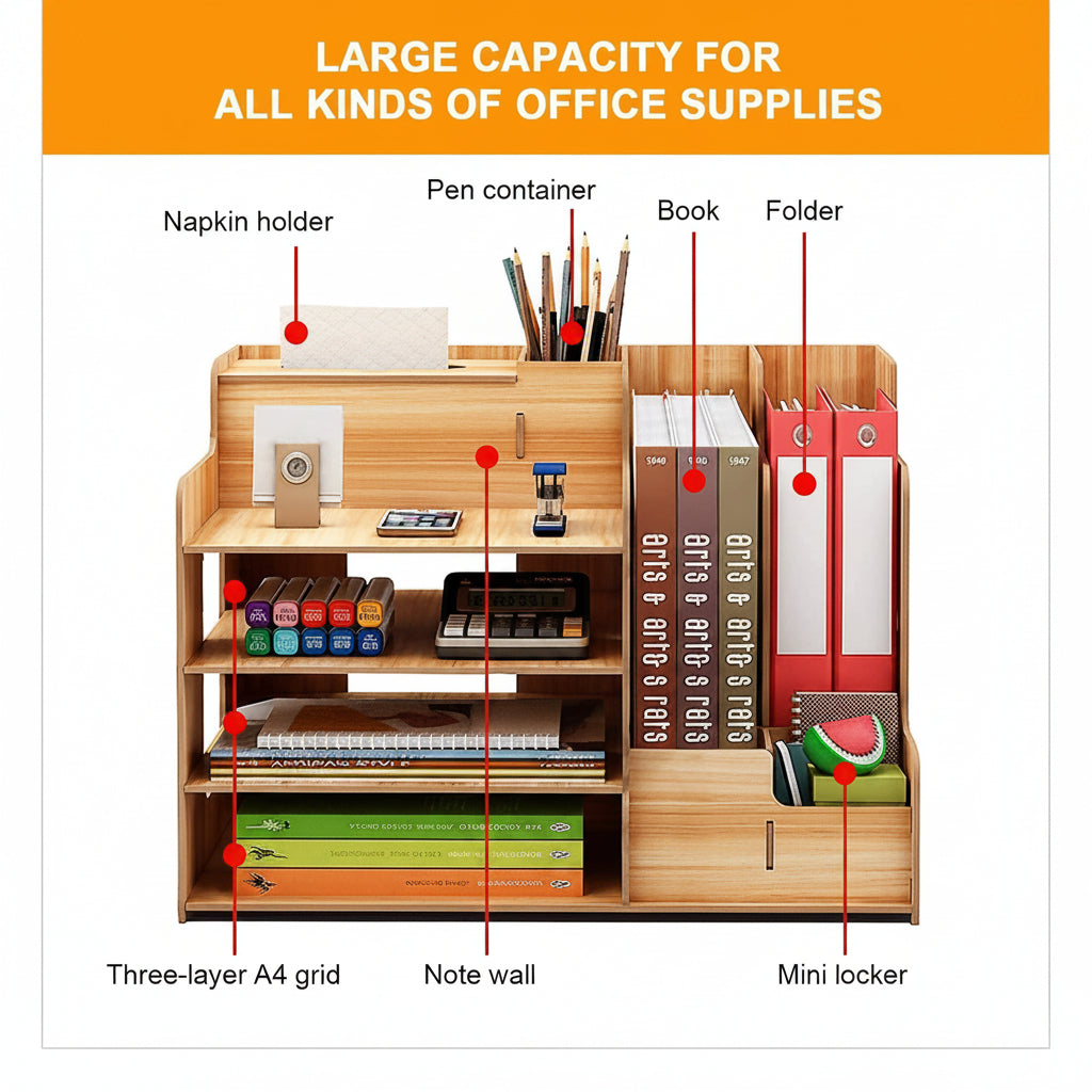Wooden Desk Organizer with File Holder & Storage Drawer