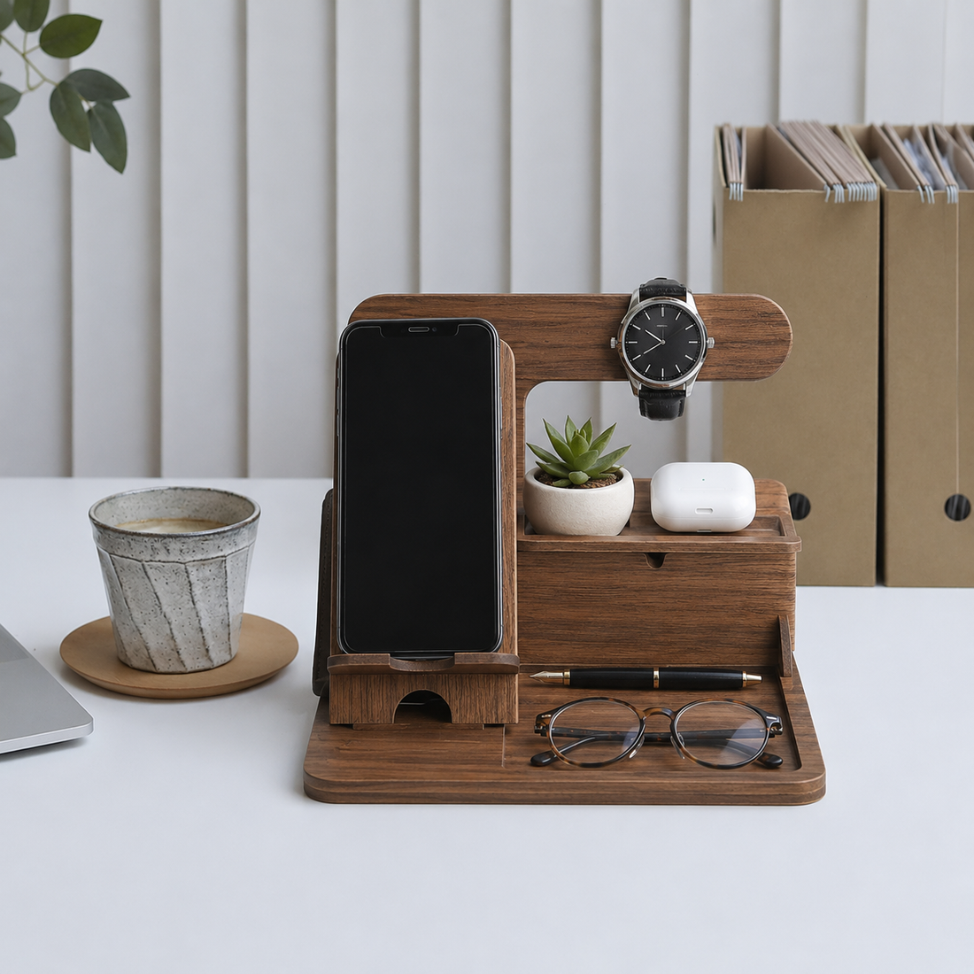 Wooden Desk Organizer & Docking Station 6 in 1 with Mobile Stand