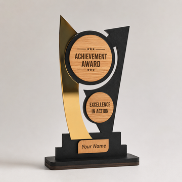 Customized Wooden Trophy with Golden Acrylic | Personalized Achievement Award & Corporate Memento