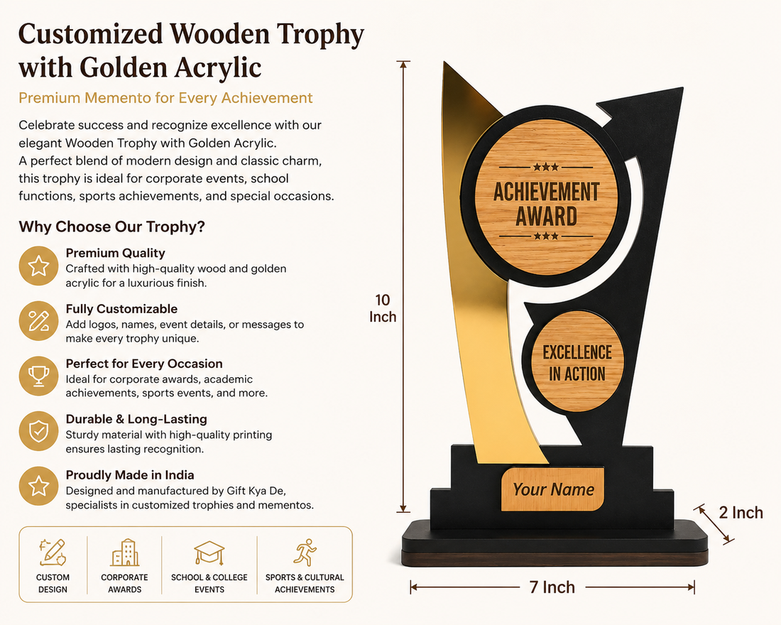 Customized Wooden Trophy with Golden Acrylic | Personalized Achievement Award & Corporate Memento