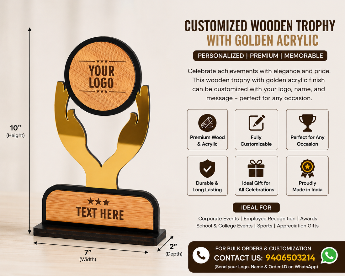 Customized Wooden Trophy with Golden Acrylic | Premium Personalized Award & Corporate Memento