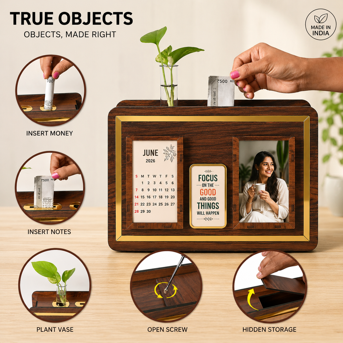 Wooden Savings Challenge Piggy Bank with Calendar, Photo Frame & Planter | ₹1 Lakh Money Saving Box | Hidden Storage MDF Organizer for Home & Office